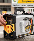 160A MMA Beast Arc Welder with IGBT Inverter and digital LCD display being used outdoors, featuring easy controls.