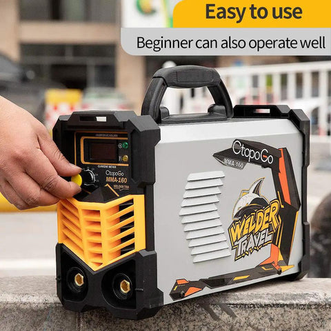 160A MMA Beast Arc Welder with IGBT Inverter and digital LCD display being used outdoors, featuring easy controls.