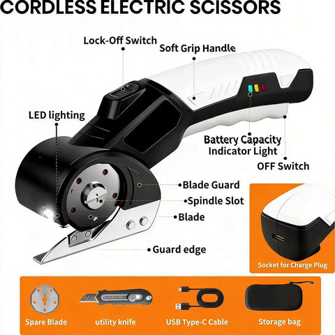 AyP Cordless Electric Scissors 4.2V Rotary Box Cutter with soft grip handle, LED light, and blade guard for precise cutting.