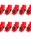 10 Pack Universal Circuit Breaker Lockout Devices For Single Pole Breakers Clamp Style Lockout Tagout Kit Go To Lockout Gear For 120 To 270 Volts OSHA Compliant Durable Electrical Lockout Set With Lifetime Warranty, showing red clamp devices.