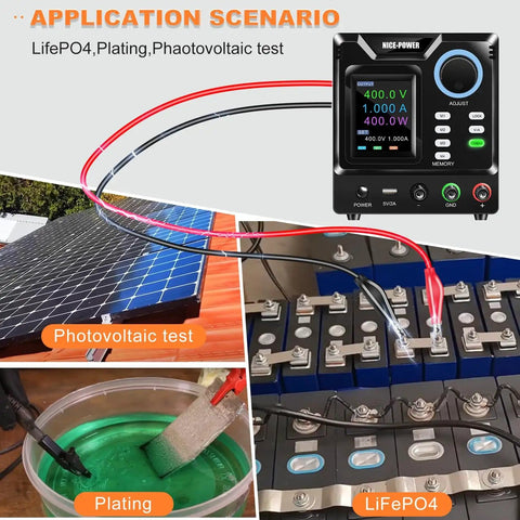 Dope High Voltage DC Power Supply 0 To 400 Volts And 0 To 1 Amp Bench Lab Regulated Power Source With Memory M1 M2 M3 M4, used for various tests, connected to a solar panel and battery array.