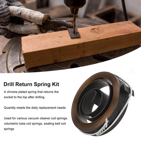 Quill Return Spring Kit For Bench Drill Press Chrome Plated Durable Spring Steel 2 Pack Fits Horizontal And Vertical Drills Plug And Play Install And Smooth Return For Precise Pro Grade Results, image of gloved hand using a drill press on wood with spring coils shown