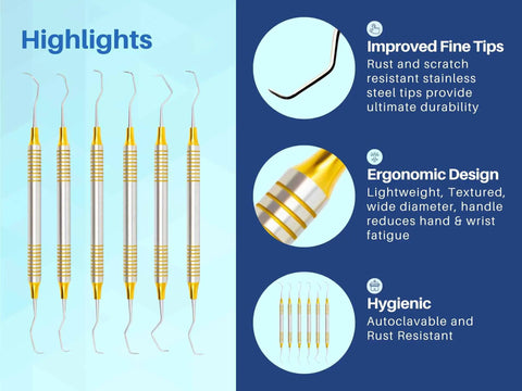 Gracey Curettes Set 7 Pcs With Gold Plasma Coated Tips For Precision Scaling Root Planing And Periodontal Care, Ergonomic 9 Mm Handle For A Comfy Pro Grade Dental Instrument Kit, 7-piece set