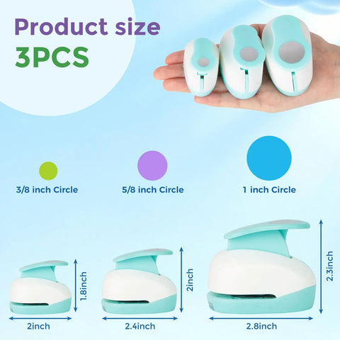 Three Circle Paper Punch Set With Sizes One Inch Five Eighths Inch And Three Eighths Inch for DIY projects, scrapbooking, crafting