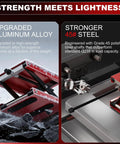 Soarshark 1100Lbs Aluminum Motorcycle Scissor Lift Jack With Reinforced Shaft Design For Heavy Duty Garage Use Red Steel Stand close-up showing upgraded aluminum alloy and steel shafts.