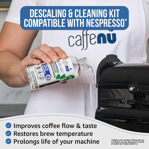 Descaling Kit With Two Use Descaling Solution And Four Cleaning Pods For Espresso Machines Removes Limescale And Cleans Pod Area Delivering Hotter Richer Tasting Coffee And Longer Machine Life For Your Home Barista Setup