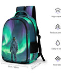 Dope Aurora Astronaut Print Unisex Backpack with large capacity, lightweight polyester, durable zipper, breathable fabric, sturdy build.