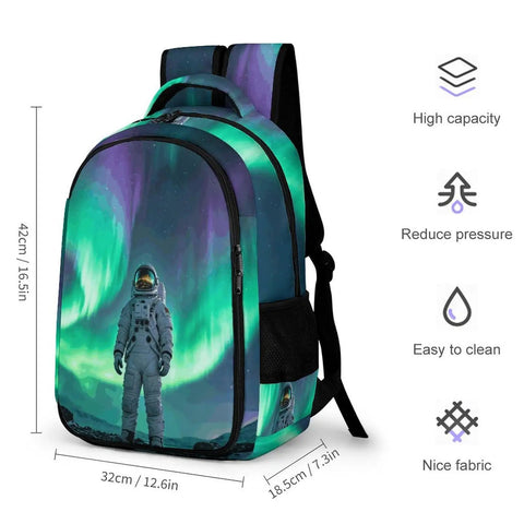 Dope Aurora Astronaut Print Unisex Backpack with large capacity, lightweight polyester, durable zipper, breathable fabric, sturdy build.