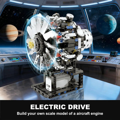 Mini Turbofan Engine Model Kit That Actually Runs displayed on a futuristic table in a space-themed room