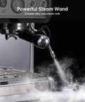 Kickstart Your Day With This Top Shelf 15 Bar Semi Auto Espresso Machine Packing A Sick Built In Conical Burr Grinder And Smooth Steam Wand For Legit Cappuccinos And Dope Lattes At Home Or Work 77 Oz Tank with powerful steam wand releasing steam.