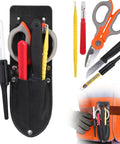 Upgraded 6 Piece Cable Splicer Kit with genuine leather pouch, scissors, splicing knife, tools displayed and worn on belt.