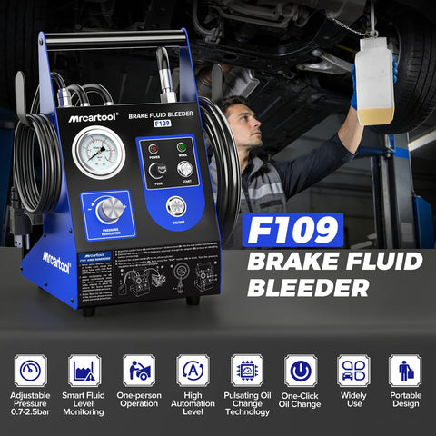 Mechanic using F109 Automatic Brake Bleeder Kit 110V Electric Fluid Exchanger for cars, with control panel and hoses visible.