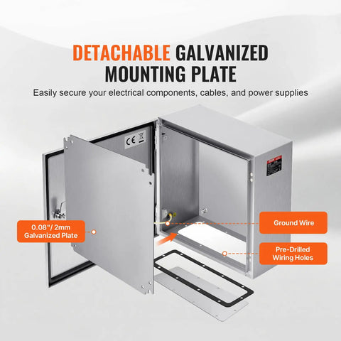 Heavy Duty Stainless Steel Electrical Enclosure Box 12x8x6 Built Tough As Nails Wall Mounted IP66 Weatherproof NEMA Outdoor Cabinet interior view featuring detachable mounting plate and wiring details.