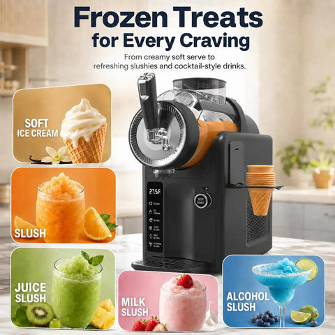 Smooth Operator Home Slushie And Soft Serve Ice Cream Maker With Zero Ice Needed Setup For Quick Frozen Sips And Creamy Blends, showcasing soft serve and various slushies.