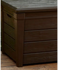 Lockable 120 Gallon Outdoor Storage Deck Box For Patio Backyard And Garden In Brown Waterproof Plastic Bench close-up detail