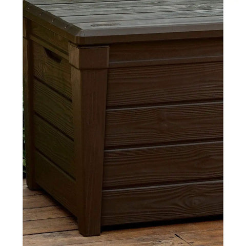 Lockable 120 Gallon Outdoor Storage Deck Box For Patio Backyard And Garden In Brown Waterproof Plastic Bench close-up detail