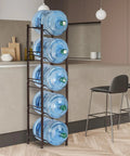 Five Gallon Water Jug Holder With Five Tier Heavy Duty Brown Rack Freestanding Bottle Organizer in kitchen corner