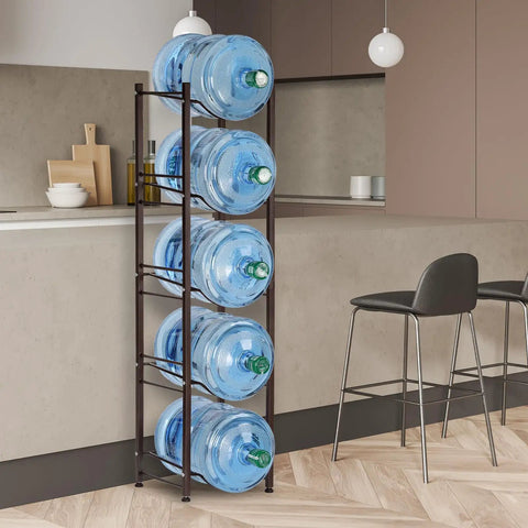 Five Gallon Water Jug Holder With Five Tier Heavy Duty Brown Rack Freestanding Bottle Organizer in kitchen corner