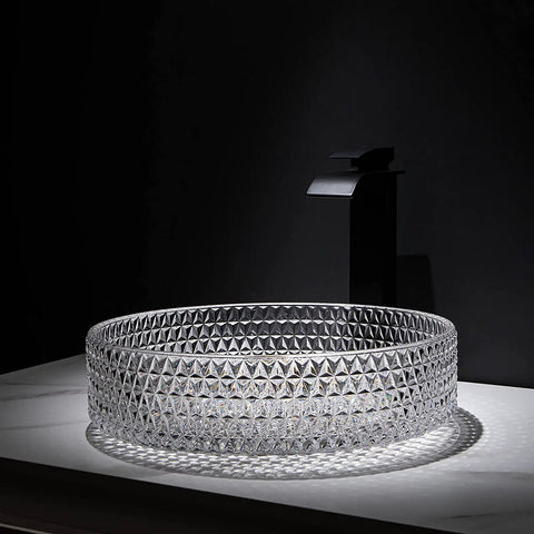 USZWBY Bathroom Vessel Sink Vanity Tempered Glass Vessel Bowl Sink Transparent Countertop Sink Bowl Above Counter Sink with modern faucet.