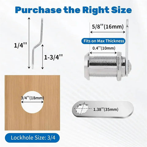 Three Pack Cam Lock Set For Letterbox Cabinet Door Mailbox Cupboard Locker with size diagram and specifications