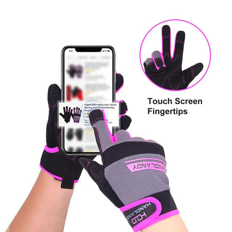 All Purpose Work Gloves For Men And Women, Touchscreen Ready, demonstrating phone use with highlighted touchscreen tips.