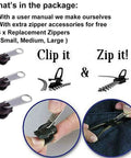 Zipper Repair Kit Quick Fix Clip For Coats Jackets Luggage And Backpacks 6 piece set with user manual and replacement zippers