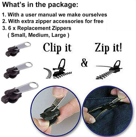 Zipper Repair Kit Quick Fix Clip For Coats Jackets Luggage And Backpacks 6 piece set with user manual and replacement zippers