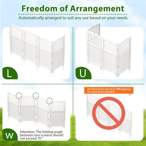 Outdoor Privacy Fence Kit With Four Lattice Panels For Yard And Patio shown in adjustable configurations, off white resin screen.