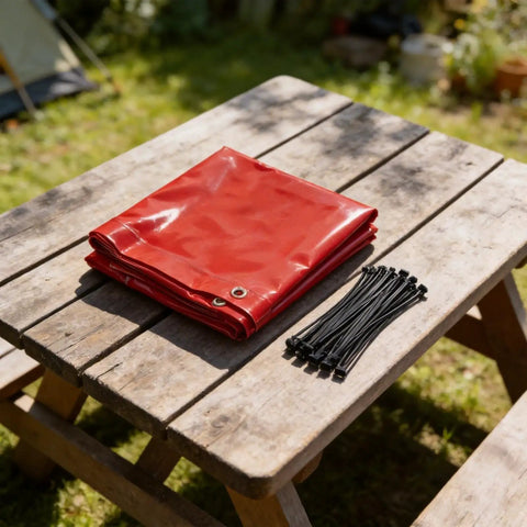 Folded Heavy Duty Welding Curtain Screen 6 By 6 Feet Flame Resistant Vinyl Shield With UV Protection Level 6 Red on table