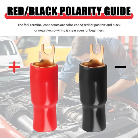 Top Tier 0 Gauge Fork Connectors For Car Audio Power Cables color-coded red and black for positive and negative wiring.