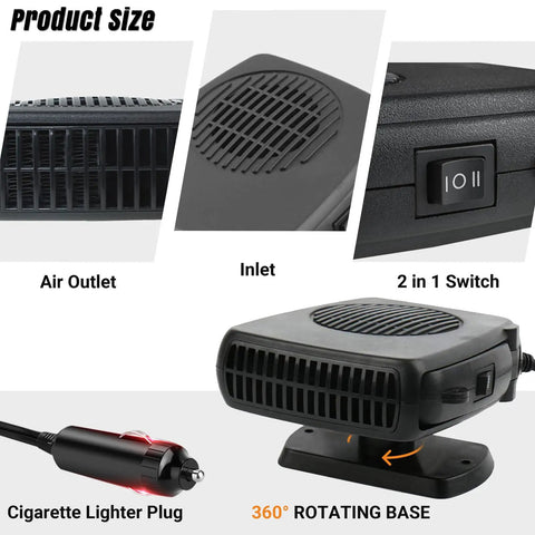 200W 12V Car Heater And Cooler Plugs Right Into Your Cigarette Lighter For Snappy Windshield Defrost And Anti Fog Visibility Slick 360 Swivel Head showing air outlet, inlet, and 2-in-1 switch.