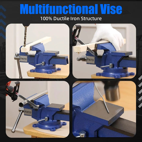 8 Inch Heavy Duty Bench Vise With 360 Degree Swivel Base And Anvil, Rugged Ductile Iron Build For Home Shop And Woodworking, Blue Finish