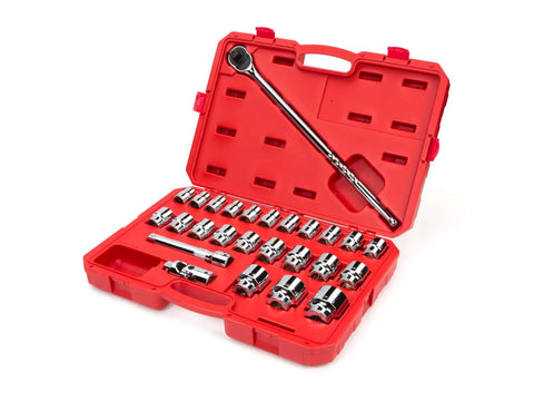 Three Fourths Inch Drive Six Point Socket And Ratchet Set, 26 Piece Shallow Metric Sockets 19 To 50 Mm, in red case, open view