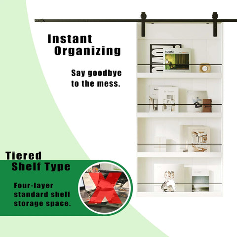 Sliding Barn Door With Shelf Style 48x84 Inches Primed MDF Includes 8ft Hardware Kit For Easy Mount Farmhouse Look You Can Paint DIY Ready Assembly Required shown with built-in shelf storage.