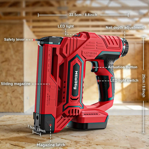 Straight Shooter Cordless Brad Nailer And Staple Gun Pack Includes Two Thousand Nails For Fast Carpentry And DIY Fixes showing dimensions and controls.