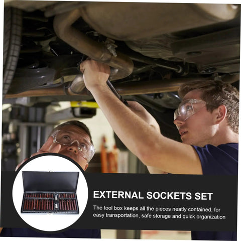 Two mechanics using a Forty Piece Star Spline Socket Bit Set For Quick Auto Repair and Top Notch Mechanics Work.