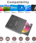 5 In 1 External CD DVD Drive For Laptop With USB 3 Type C No Fuss Plug And Play Portable CD DVD RW Burner Plus SD And TF Card Reader DVD ROM Rewriter Compatible With Windows Mac Linux, black slim tray open