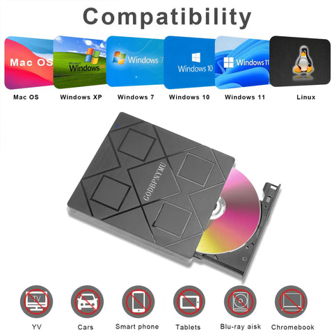 5 In 1 External CD DVD Drive For Laptop With USB 3 Type C No Fuss Plug And Play Portable CD DVD RW Burner Plus SD And TF Card Reader DVD ROM Rewriter Compatible With Windows Mac Linux, black slim tray open