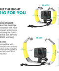 Underwater GoPro Rig with Cold Shoe Mounts and Wrist Strap, shown with HERO8 and HERO9 compatibility, aluminum tray in use.