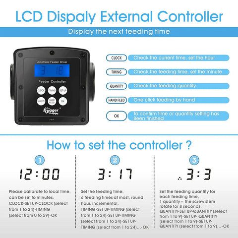 No Sweat Automatic Pond Fish Feeder With LCD Control And Spacious 5.5L Capacity Runs On DC 12V display controller with settings.