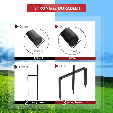 Comparison of 2/5 inch vs 1/2 inch thick shepherd hooks prong bases. Two Pack Adjustable Shepherd Hooks With Heights Of Thirty One Twenty Four And Sixteen Inches Heavy Duty One Half Inch Thick Black Outdoor Hangers For Lanterns Solar Lights Bird Feeders Planters Wedding Aisles And Yard And Patio Garden Decor.