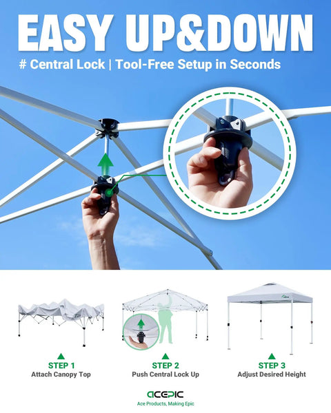 10x10 Pop Up Canopy Tent With One Push Instant Setup shown with easy central locking mechanism and setup steps