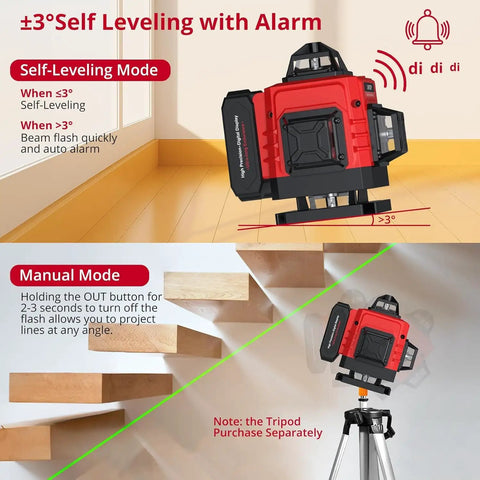 Pro Grade 16 Line 360 Degree Laser Level With Pulse And Manual Modes, Green Cross Line Projector, Self Leveling With Remote, 30 Meters Range, 98 Feet, Construction Grade Class 2 Under 1mW Power, Beast For Quick Room Layouts. red laser level with self-leveling mode, manual mode, and tripod
