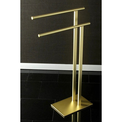 Freestanding Double Towel Rack With Weighted Base In Brushed Brass Finish, Dual 17 And 9 Sixteenth Inch Bars, Holds Up To 10 Lbs