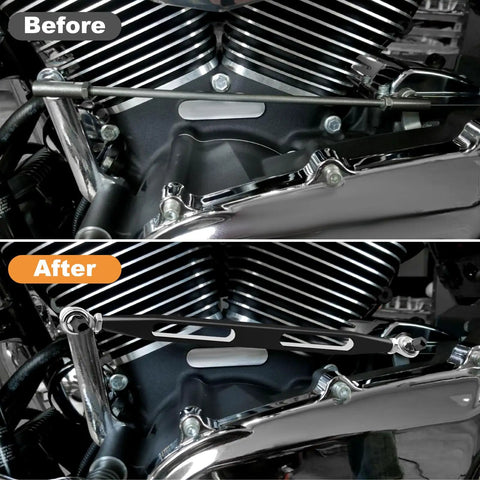 Before and after Harley Touring shift linkage, Beefed Up Shifter Linkage For Harley Touring Models 1986 To 2024 With Extended Reach Forward Controls Improve Shifting Smoothness And Quick Gear Changes For Touring Bikes With Easy Install And Durable Build.