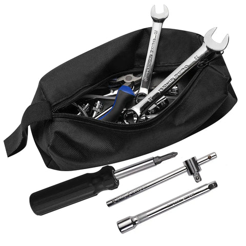 Heavy Duty Dirt Bike Repair Tool Kit For Trailside Fixes Compact Yet Professional Grade Wrench Set And Multi Tool For Enduro And Off Road Motorcycles Built To Handle Quick Maintenance On The Go showing black bag with assorted wrenches and tools