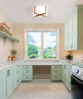 Semi Flush Mount Ceiling Light Fixture With Wood And Off White Fabric Drum Shade in modern kitchen setting