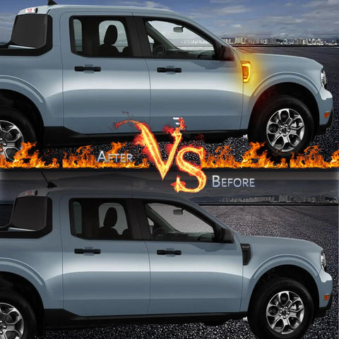 Comparison of Ford Maverick with and without Led Dope Amber LED Fender Side Marker Lights Kit for 2022-2025 models.