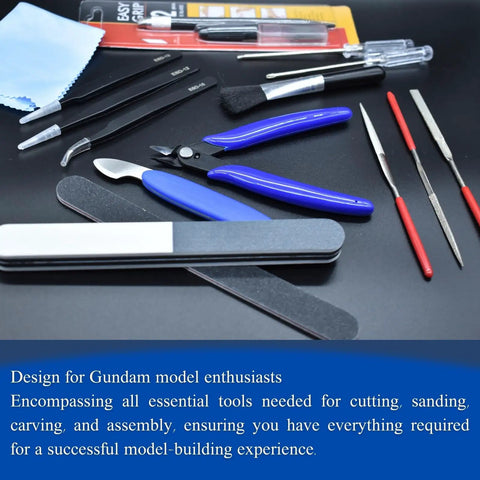 Gundam Model Tool Kit 28 Piece All In One Hobby Building Set with pliers, files, and tweezers displayed on a black surface.