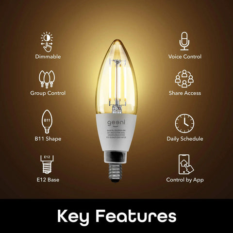 B11 Filament WiFi LED Smart Bulb Dimmable E12 Base White Light Works With Alexa And Google Home No Hub Required 4 Pack Key Features